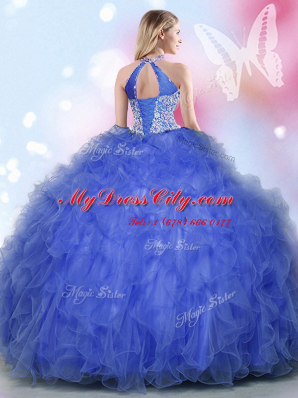 Royal Blue Halter Top Lace Up Appliques and Ruffles 15 Quinceanera Dress Sleeveless