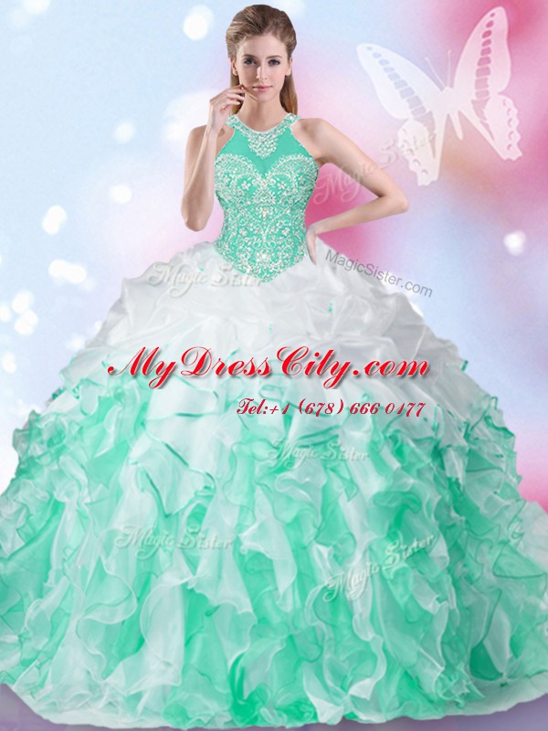 New Arrival Halter Top Multi-color Lace Up Quinceanera Dress Beading and Ruffles and Pick Ups Sleeveless Floor Length