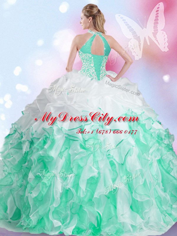 New Arrival Halter Top Multi-color Lace Up Quinceanera Dress Beading and Ruffles and Pick Ups Sleeveless Floor Length