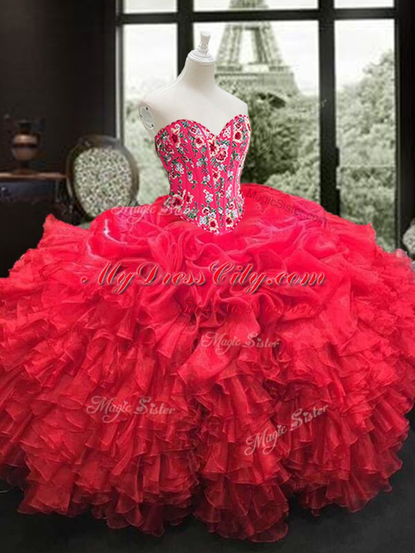 Sleeveless Organza Floor Length Lace Up Sweet 16 Dresses in Red with Embroidery and Ruffles