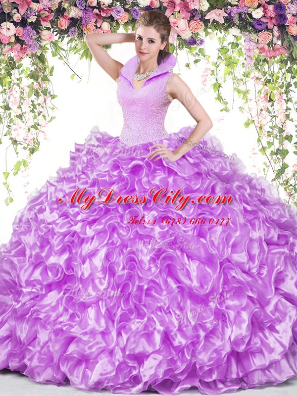 Hot Selling Organza High-neck Sleeveless Backless Beading and Ruffles Quinceanera Gown in Lilac