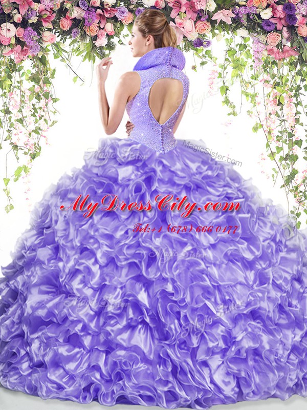 Hot Selling Organza High-neck Sleeveless Backless Beading and Ruffles Quinceanera Gown in Lilac