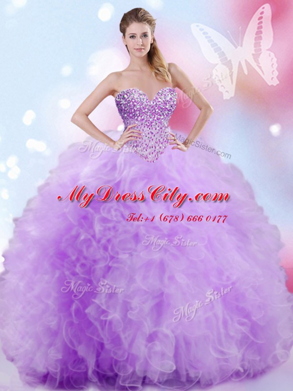 Lavender Lace Up Sweetheart Beading and Ruffles Sweet 16 Dress Tulle Sleeveless