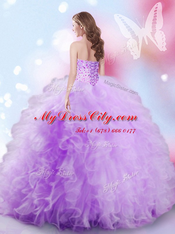 Lavender Lace Up Sweetheart Beading and Ruffles Sweet 16 Dress Tulle Sleeveless