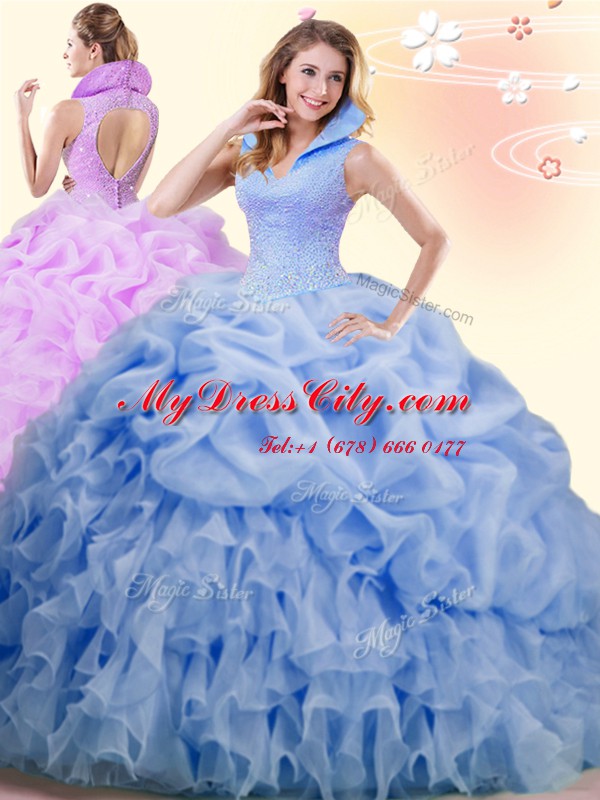 High-neck Sleeveless Organza Vestidos de Quinceanera Beading and Ruffles and Pick Ups Brush Train Backless