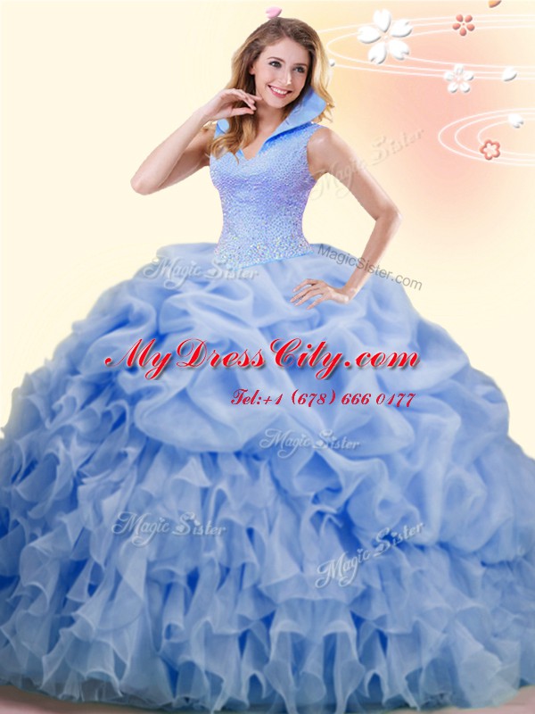 High-neck Sleeveless Organza Vestidos de Quinceanera Beading and Ruffles and Pick Ups Brush Train Backless