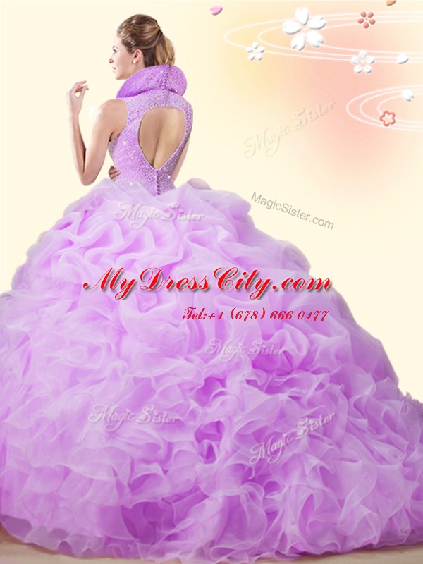 High-neck Sleeveless Organza Vestidos de Quinceanera Beading and Ruffles and Pick Ups Brush Train Backless