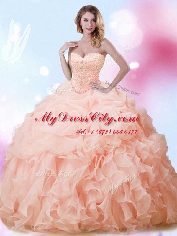 Wonderful Peach Ball Gowns Sweetheart Sleeveless Organza With Brush Train Lace Up Beading and Ruffles and Pick Ups Quinceanera Dresses