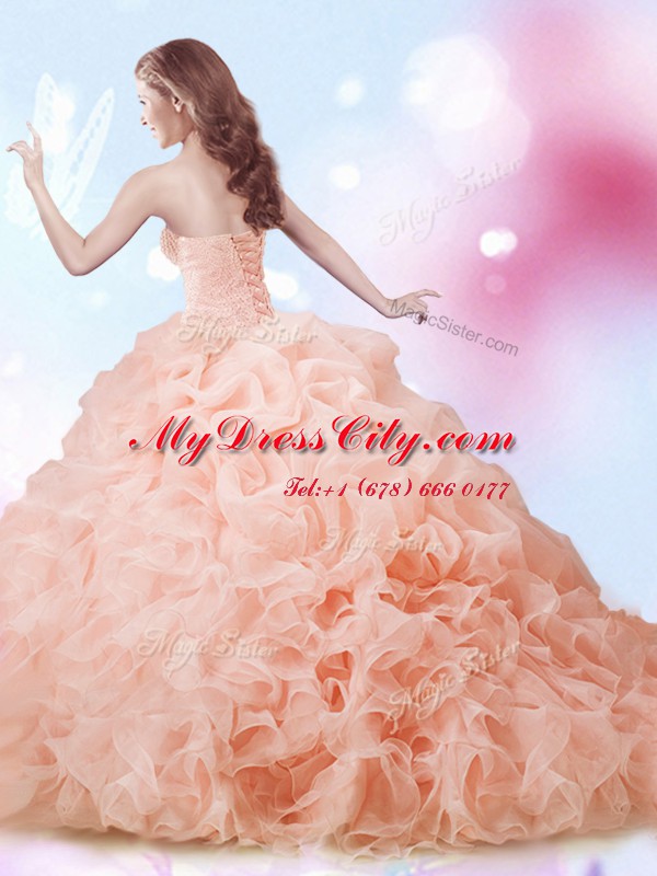 Wonderful Peach Ball Gowns Sweetheart Sleeveless Organza With Brush Train Lace Up Beading and Ruffles and Pick Ups Quinceanera Dresses