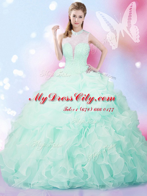 Designer Apple Green Sleeveless Beading and Ruffles and Pick Ups Floor Length Quince Ball Gowns