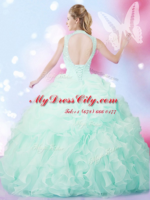 Designer Apple Green Sleeveless Beading and Ruffles and Pick Ups Floor Length Quince Ball Gowns