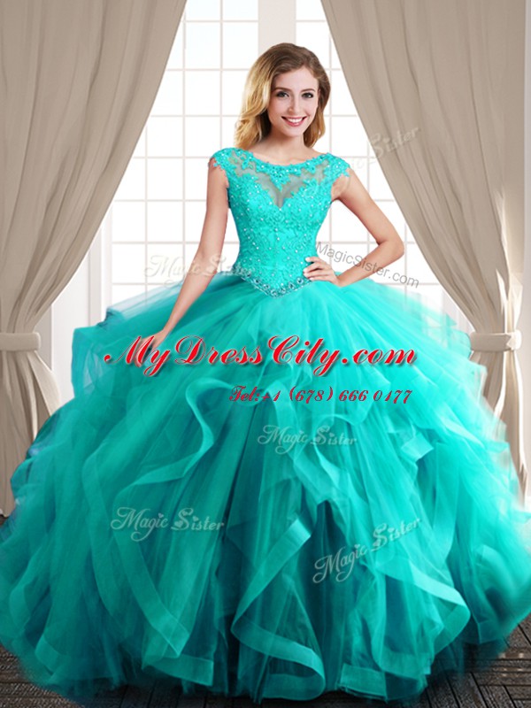 Glorious Three Piece Scoop Tulle Cap Sleeves Floor Length Quinceanera Dress Brush Train and Beading and Appliques and Ruffles