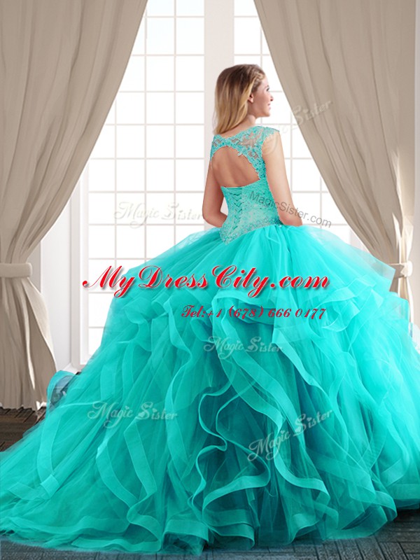 Glorious Three Piece Scoop Tulle Cap Sleeves Floor Length Quinceanera Dress Brush Train and Beading and Appliques and Ruffles