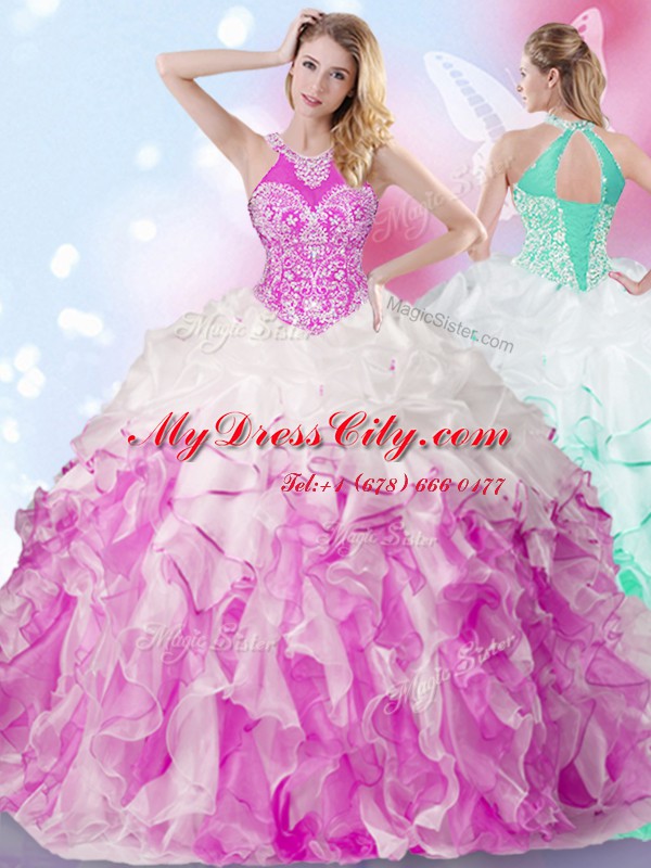 Stunning Multi-color Halter Top Lace Up Beading and Ruffles and Pick Ups Quince Ball Gowns Sleeveless