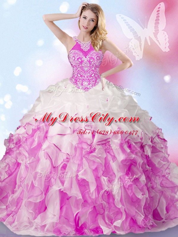 Stunning Multi-color Halter Top Lace Up Beading and Ruffles and Pick Ups Quince Ball Gowns Sleeveless