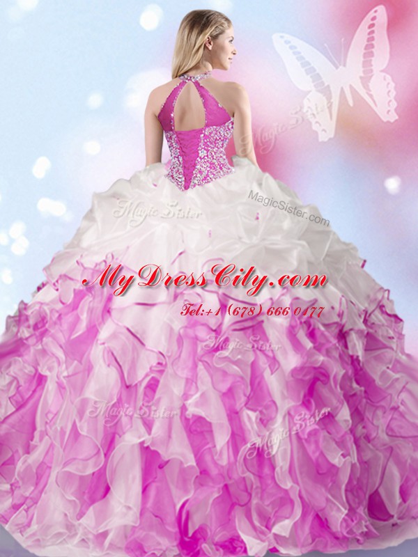 Stunning Multi-color Halter Top Lace Up Beading and Ruffles and Pick Ups Quince Ball Gowns Sleeveless