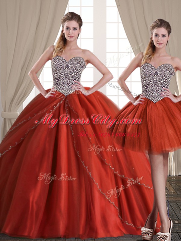 High End Three Piece Sleeveless With Train Beading Lace Up 15th Birthday Dress with Rust Red Brush Train