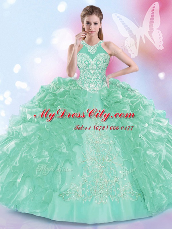 Halter Top Sleeveless Organza Sweet 16 Dress Appliques and Ruffles Lace Up