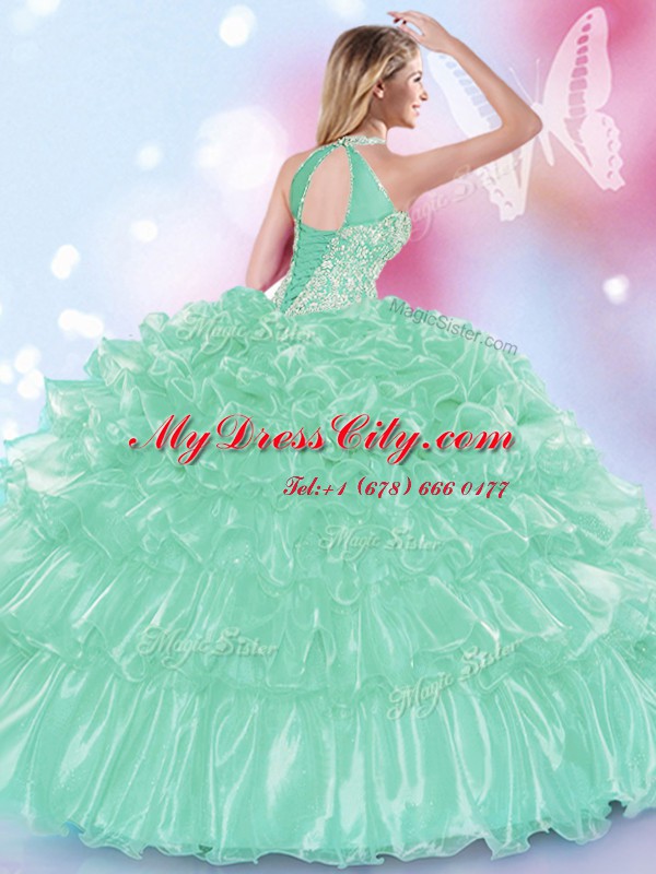 Halter Top Sleeveless Organza Sweet 16 Dress Appliques and Ruffles Lace Up