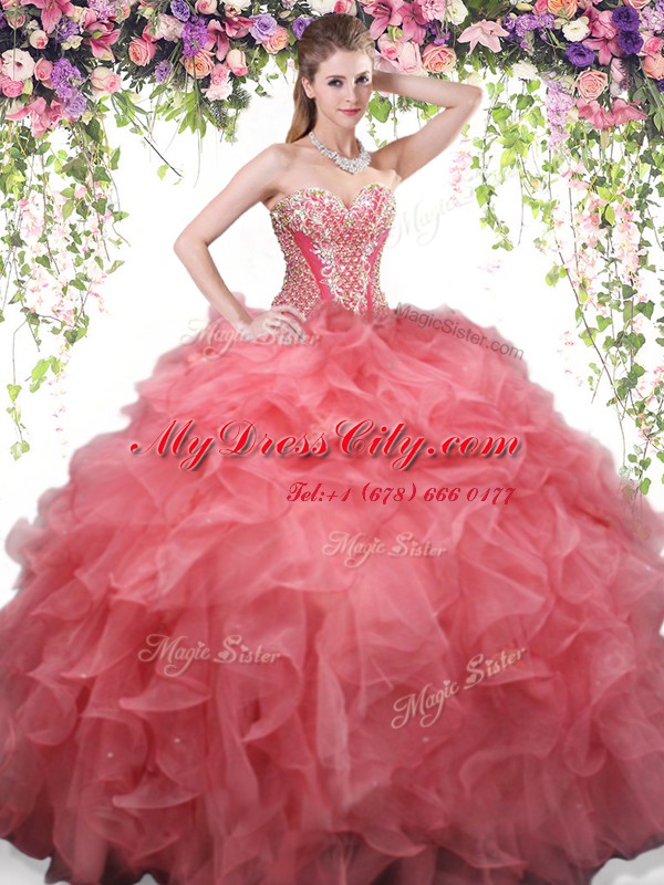 Sleeveless Beading and Ruffles Lace Up Quince Ball Gowns