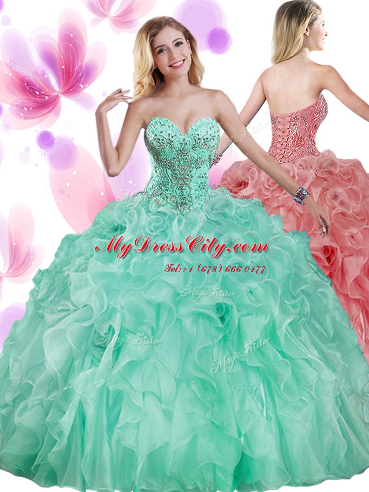 Dramatic Apple Green Sleeveless Organza Lace Up Quinceanera Gown for Military Ball and Sweet 16 and Quinceanera