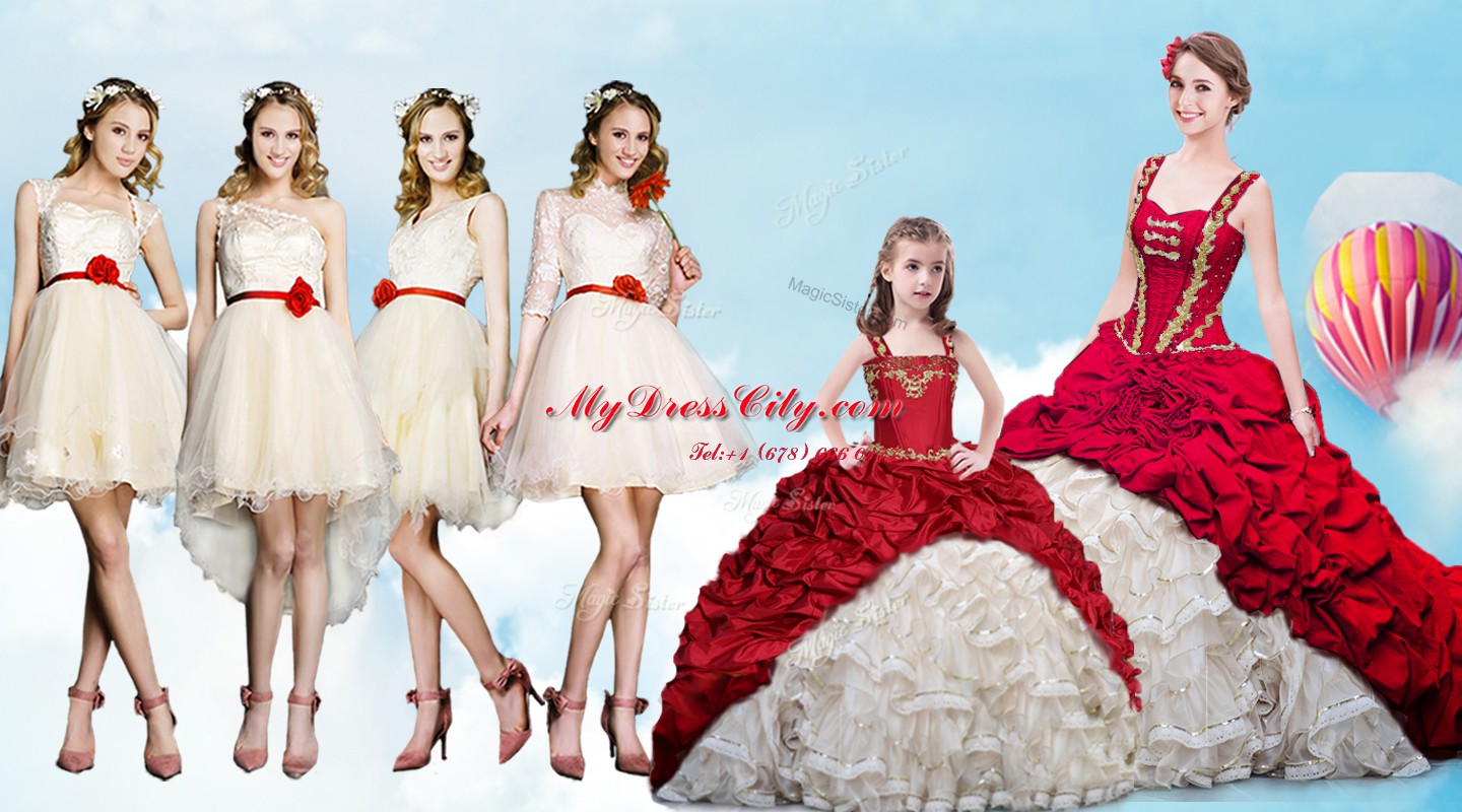 Custom Made Straps White And Red Lace Up Quinceanera Gowns Beading and Ruffles and Pick Ups Sleeveless With Brush Train