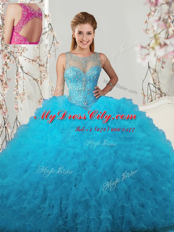 Noble Baby Blue Quince Ball Gowns Military Ball and Sweet 16 and Quinceanera and For with Beading and Ruffles Scoop Sleeveless Lace Up