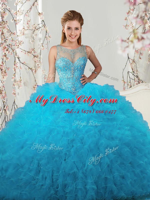 Noble Baby Blue Quince Ball Gowns Military Ball and Sweet 16 and Quinceanera and For with Beading and Ruffles Scoop Sleeveless Lace Up