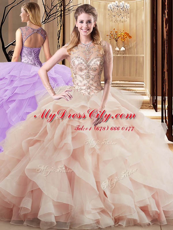 Peach Scoop Neckline Beading and Ruffles Quinceanera Dresses Sleeveless Lace Up