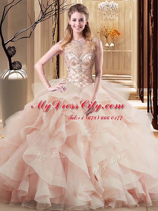 Peach Scoop Neckline Beading and Ruffles Quinceanera Dresses Sleeveless Lace Up