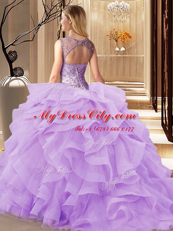 Peach Scoop Neckline Beading and Ruffles Quinceanera Dresses Sleeveless Lace Up