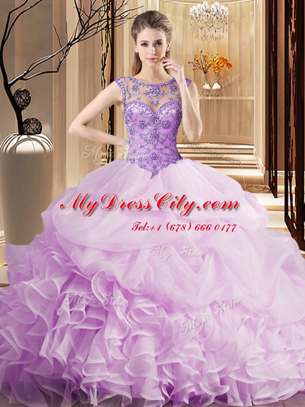 Noble Pick Ups Brush Train Ball Gowns Quinceanera Dresses Lilac Scoop Organza Sleeveless Lace Up