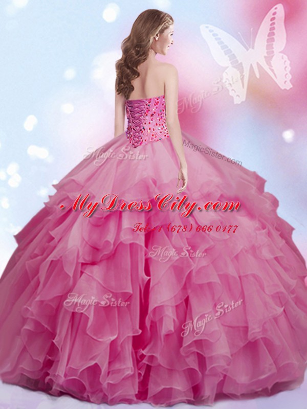 Discount Sweetheart Sleeveless 15 Quinceanera Dress Floor Length Beading Rose Pink Organza