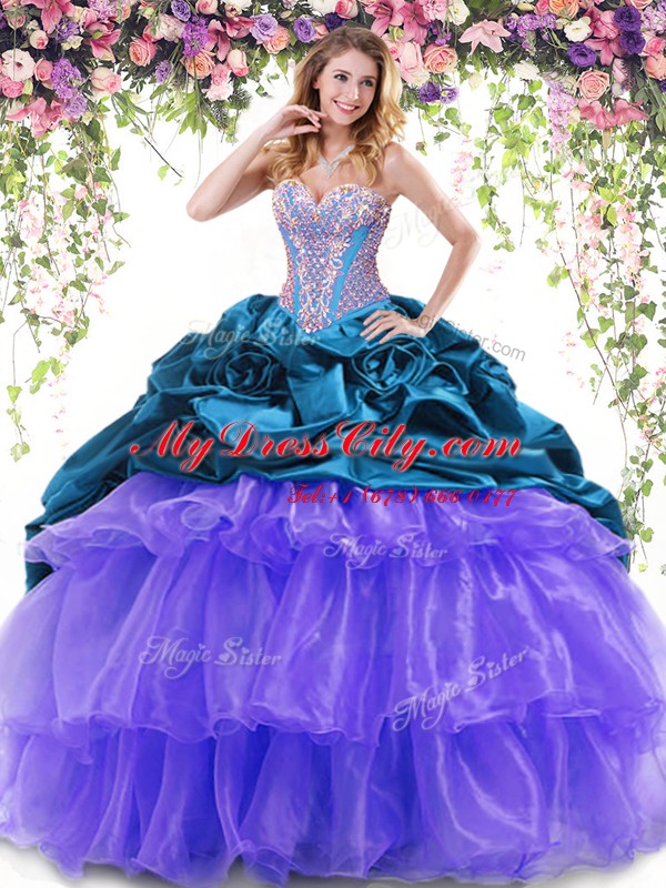 Attractive Organza and Taffeta Sweetheart Sleeveless Brush Train Lace Up Beading and Ruffled Layers and Pick Ups Quinceanera Dresses in Multi-color