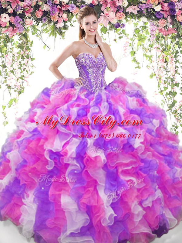 Clearance Multi-color Lace Up Sweetheart Beading and Ruffles Quinceanera Dress Organza Sleeveless