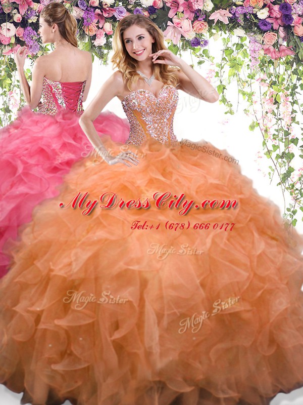 Floor Length Orange Quinceanera Dresses Organza Sleeveless Beading and Ruffles