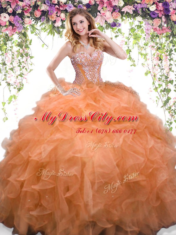 Floor Length Orange Quinceanera Dresses Organza Sleeveless Beading and Ruffles