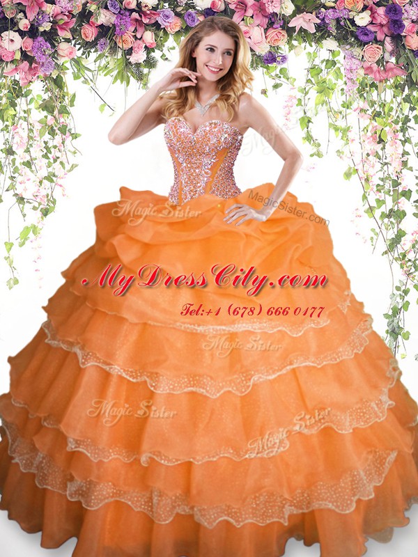 Perfect Orange Ball Gowns Beading and Ruffled Layers and Pick Ups Sweet 16 Dresses Lace Up Organza Sleeveless Floor Length