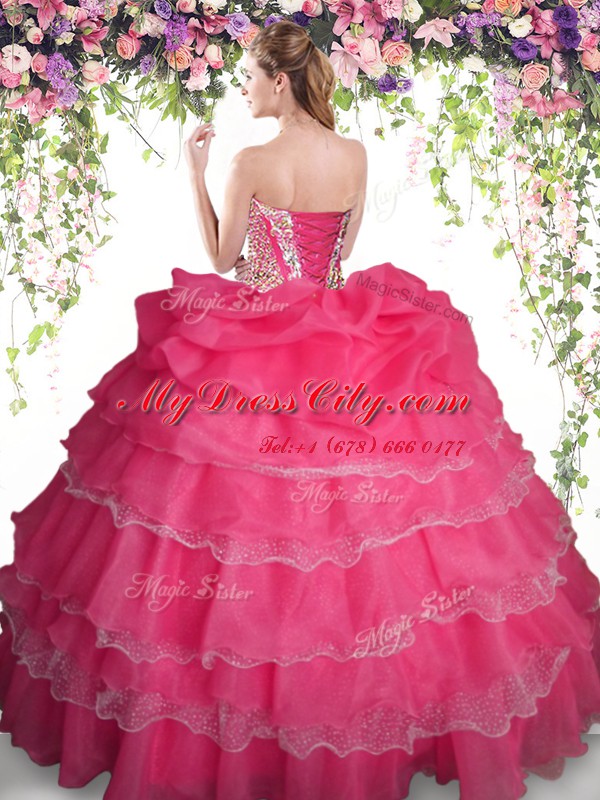 Perfect Orange Ball Gowns Beading and Ruffled Layers and Pick Ups Sweet 16 Dresses Lace Up Organza Sleeveless Floor Length