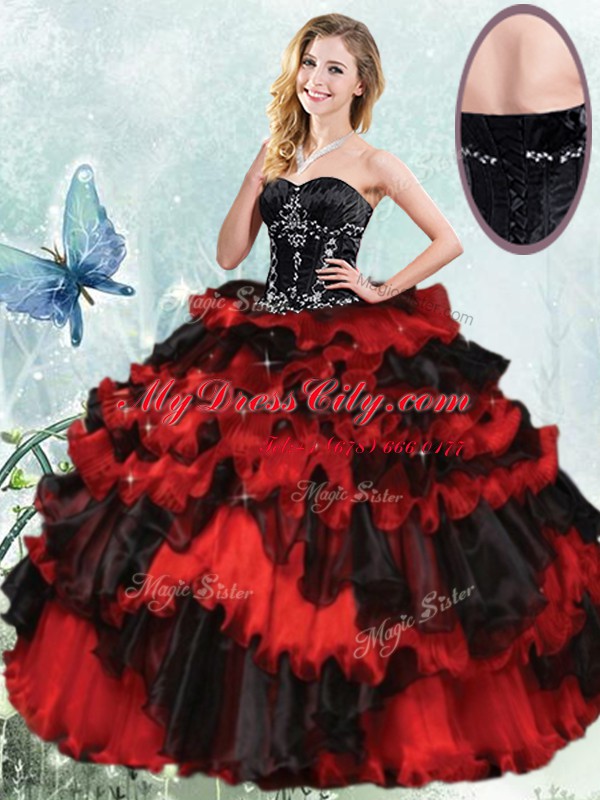 Red And Black Ball Gowns Sweetheart Sleeveless Organza Floor Length Lace Up Beading and Ruffled Layers Sweet 16 Dress