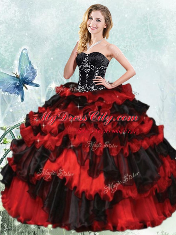 Red And Black Ball Gowns Sweetheart Sleeveless Organza Floor Length Lace Up Beading and Ruffled Layers Sweet 16 Dress