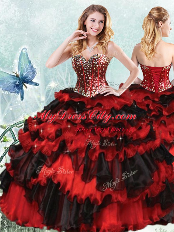 Captivating Organza Sleeveless Floor Length Sweet 16 Quinceanera Dress and Beading and Ruffled Layers and Sequins