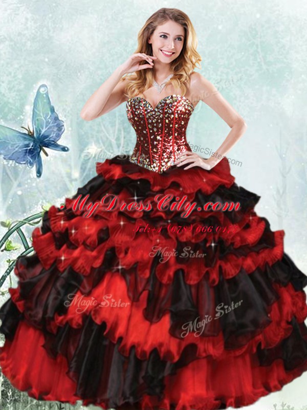 Captivating Organza Sleeveless Floor Length Sweet 16 Quinceanera Dress and Beading and Ruffled Layers and Sequins