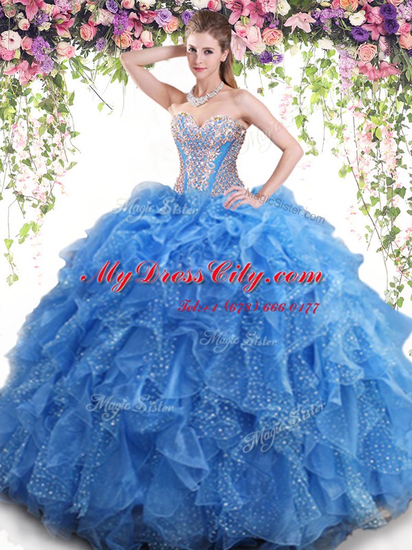 Extravagant Aqua Blue Mermaid Beading and Ruffles 15th Birthday Dress Lace Up Organza Sleeveless Floor Length