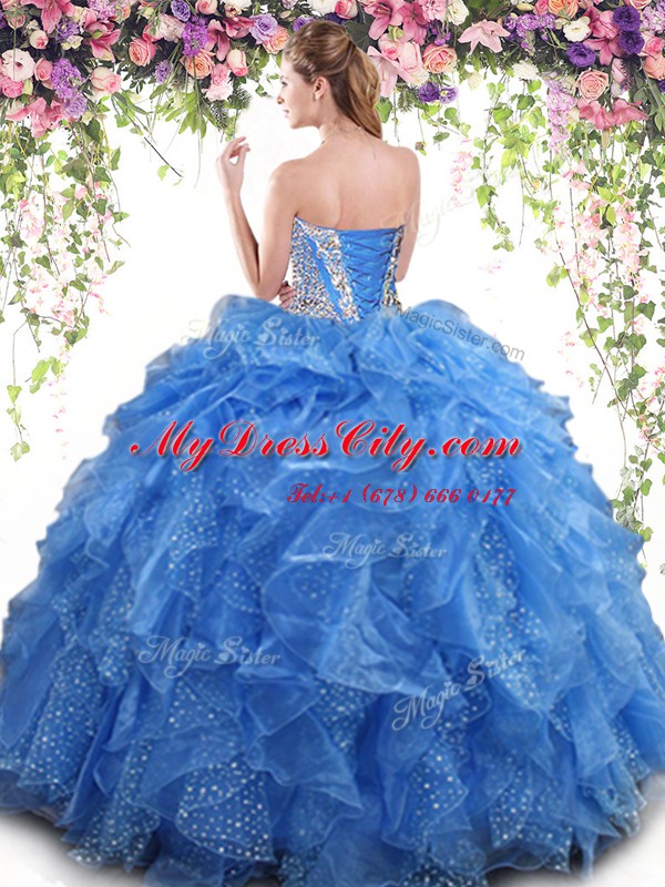 Extravagant Aqua Blue Mermaid Beading and Ruffles 15th Birthday Dress Lace Up Organza Sleeveless Floor Length