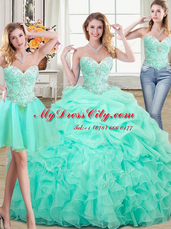 Three Piece Apple Green Sleeveless Beading and Ruffles and Pick Ups Floor Length Sweet 16 Dresses