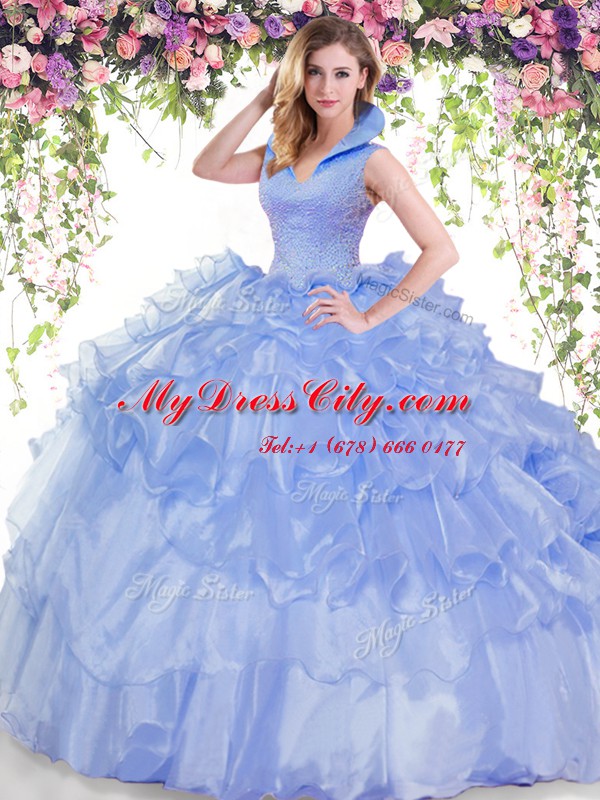 Deluxe Sleeveless Backless Floor Length Beading and Ruffled Layers Quinceanera Gown