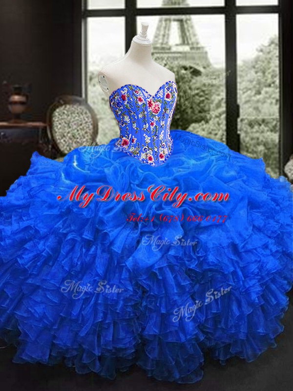 Royal Blue Sleeveless Embroidery and Ruffles Floor Length Ball Gown Prom Dress