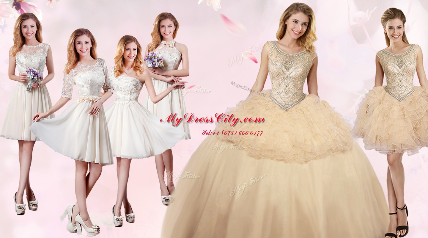 Champagne Lace Up Scoop Beading and Ruffles Quince Ball Gowns Organza and Tulle Sleeveless