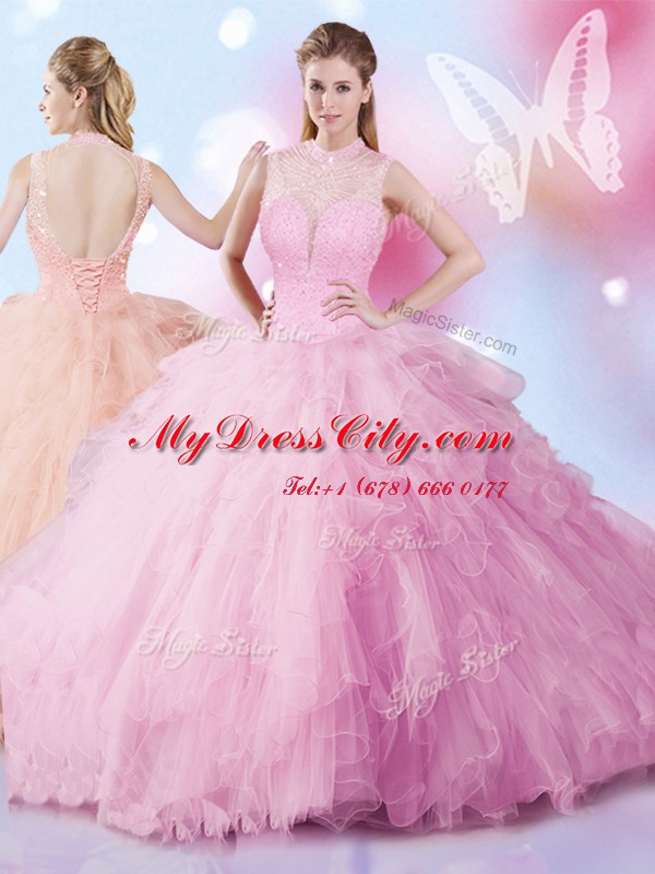 Customized Rose Pink Sleeveless Tulle Lace Up Quinceanera Gowns for Military Ball and Sweet 16 and Quinceanera